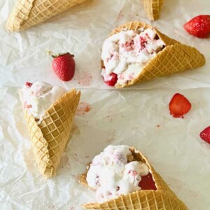 strawberry cheesecake ice cream in cones