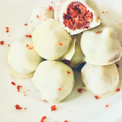 red velvet truffles on a plate