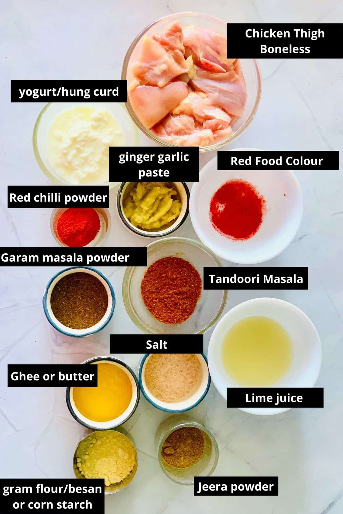 Ingredients for tandoori chicken kebabs