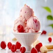 scoopes of white chocolate and raspberry icecream in a bowl