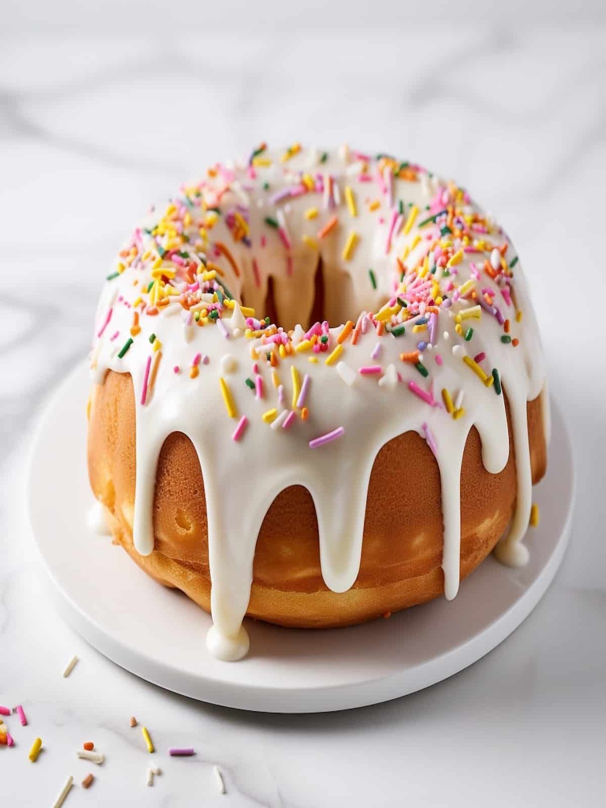 funfetti bundt cake topped with cream cheese frosting