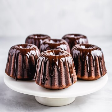 mini bundt chocolate fudge cakes topped with chocolate glaze