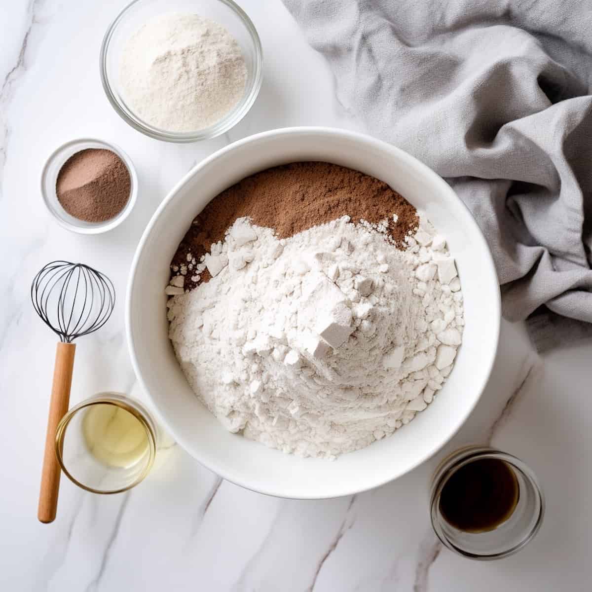 whisk dry ingredients for chocolate bundt cake