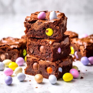 Mini Egg Brownies sliced and stacked