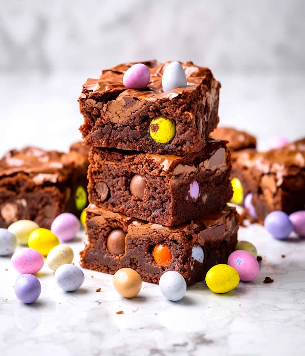 Mini Egg Brownies sliced and stacked