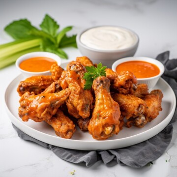 salt and pepper wings with buffalo saice in a plate